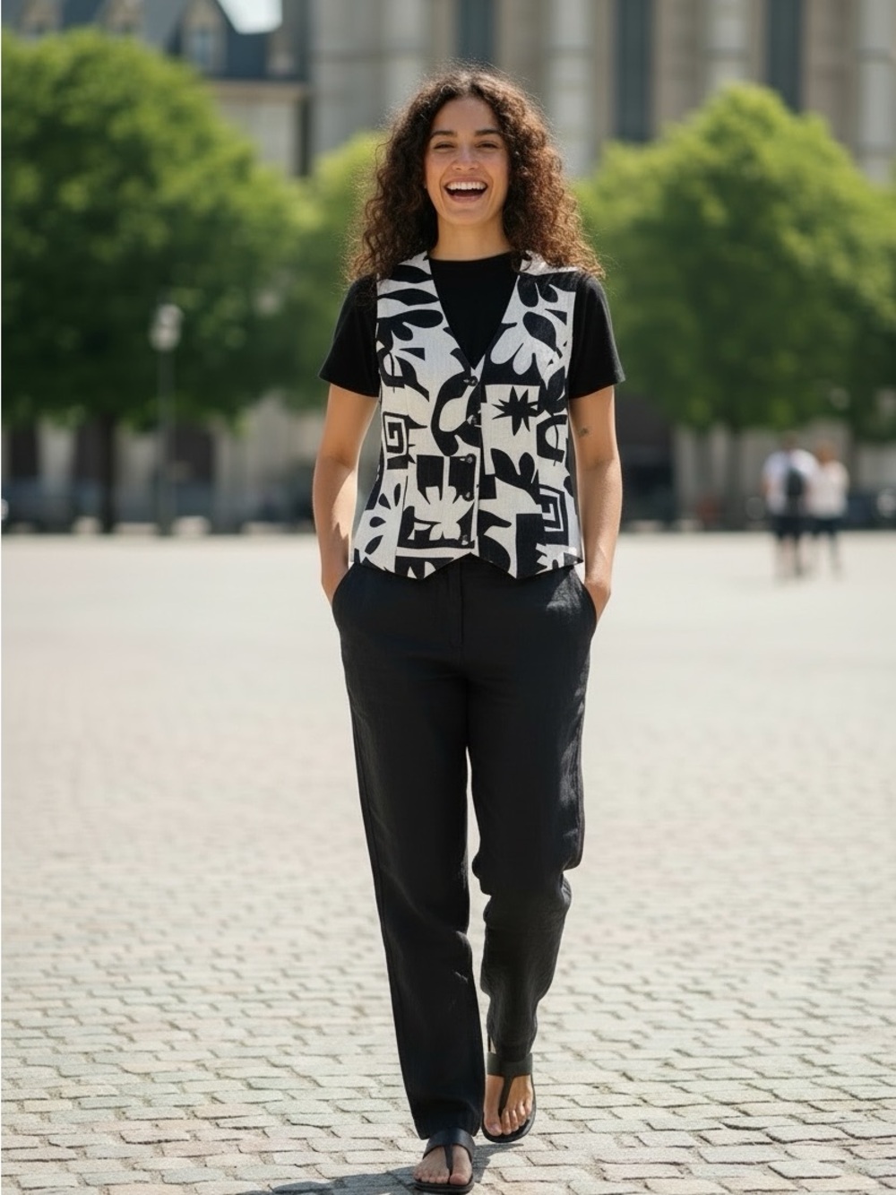 Linen Blend Black and White Patterned Vest, Medium (Juniors Large)